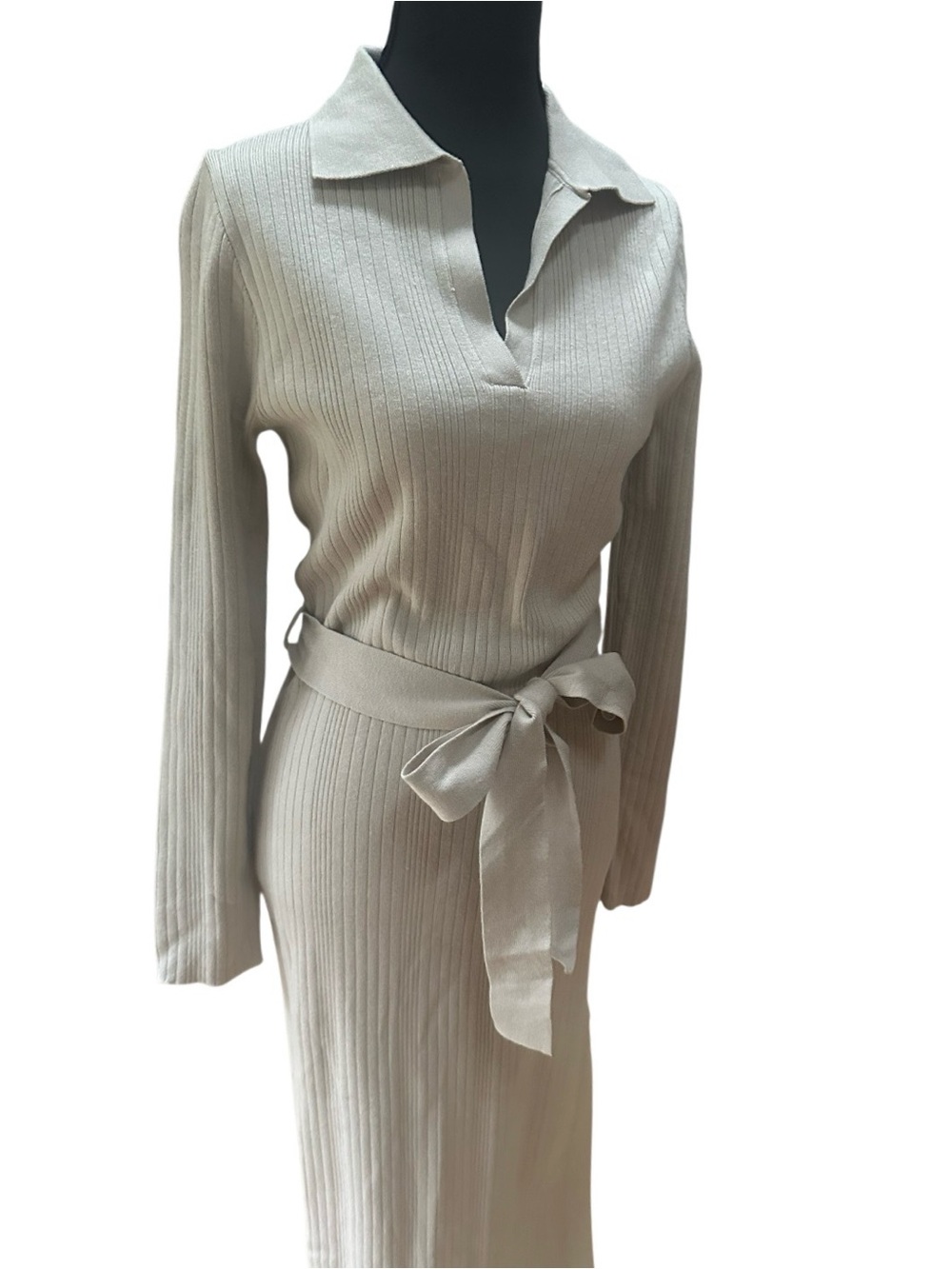 Merokeety Long Sleeve Sand Color Ribbed Knit Dress Waist Tie Size M(8-10)NWT